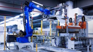 Industrial automation robotics system - blue robotic arm performing manufacturing tasks in smart factory with automated production line equipment and safety systems