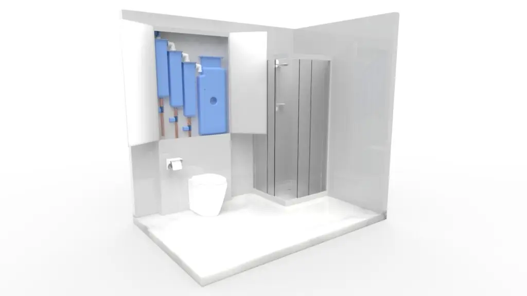 Cascade Water Products greywater recycling system 3D render - bathroom installation showing blue water treatment units, filtration system, shower water capture, and toilet flushing integration for 45% domestic water savings in modern home