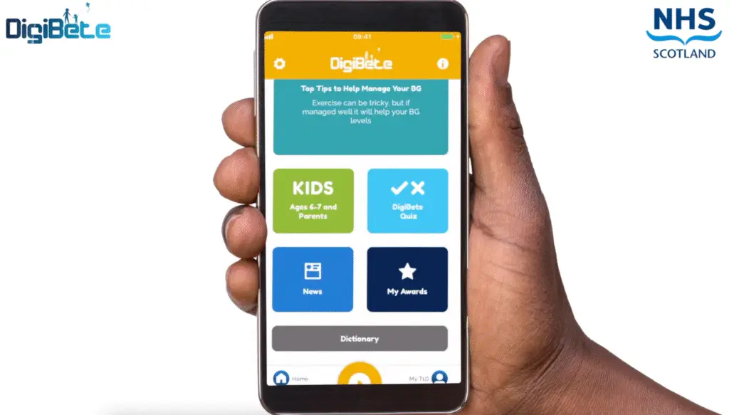 Hand holding smartphone displaying DigiBete app home screen with colorful menu tiles including Kids section for ages 6-7, DigiBete Quiz, News, My Awards, and Dictionary features, with DigiBete and NHS Scotland logos visible, Type 1 Diabetes education app