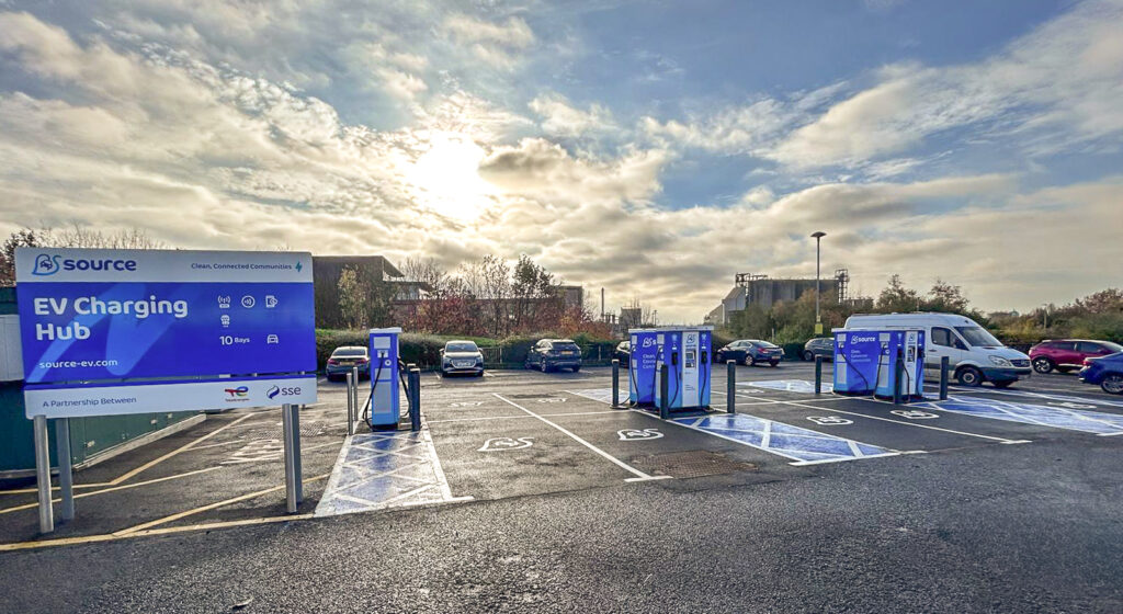 The newly opened Source EV charging hub at West One Retail Park in Eccles, Greater Manchester. The ten-bay facility features 150kW ultra-rapid chargers that allow most EV drivers to charge in around 15 minutes. The hub, a joint venture between SSE and TotalEnergies, helps address Greater Manchester's significant shortage of public charging infrastructure - the region currently has just 53.8 public chargers per 100,000 people compared to the England average of 115.4.