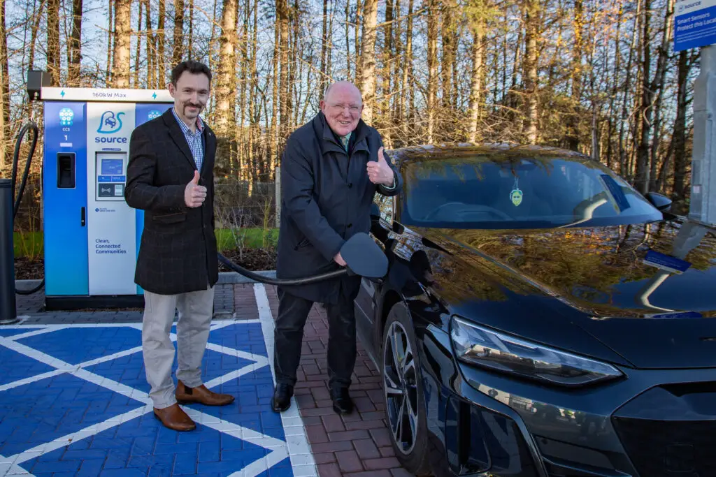 Simon Pickett Source and Cllr Gerry McLaughlan Stirling Council at official opening ceremony Springkerse EV charging hub - 160kW ultra-rapid chargers, fleet charging, business EV infrastructure, Stirling economic development
