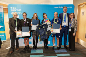 DigiInventors Challenge 2025 winners from St Andrew's and St Bride's High School receive awards from Prof George Crooks DHI CEO
