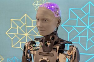 Ameca advanced humanoid AI robot at National Robotarium Scotland, showcasing cutting-edge robotics technology and artificial intelligence. Photo credit: Hot Tin Roof