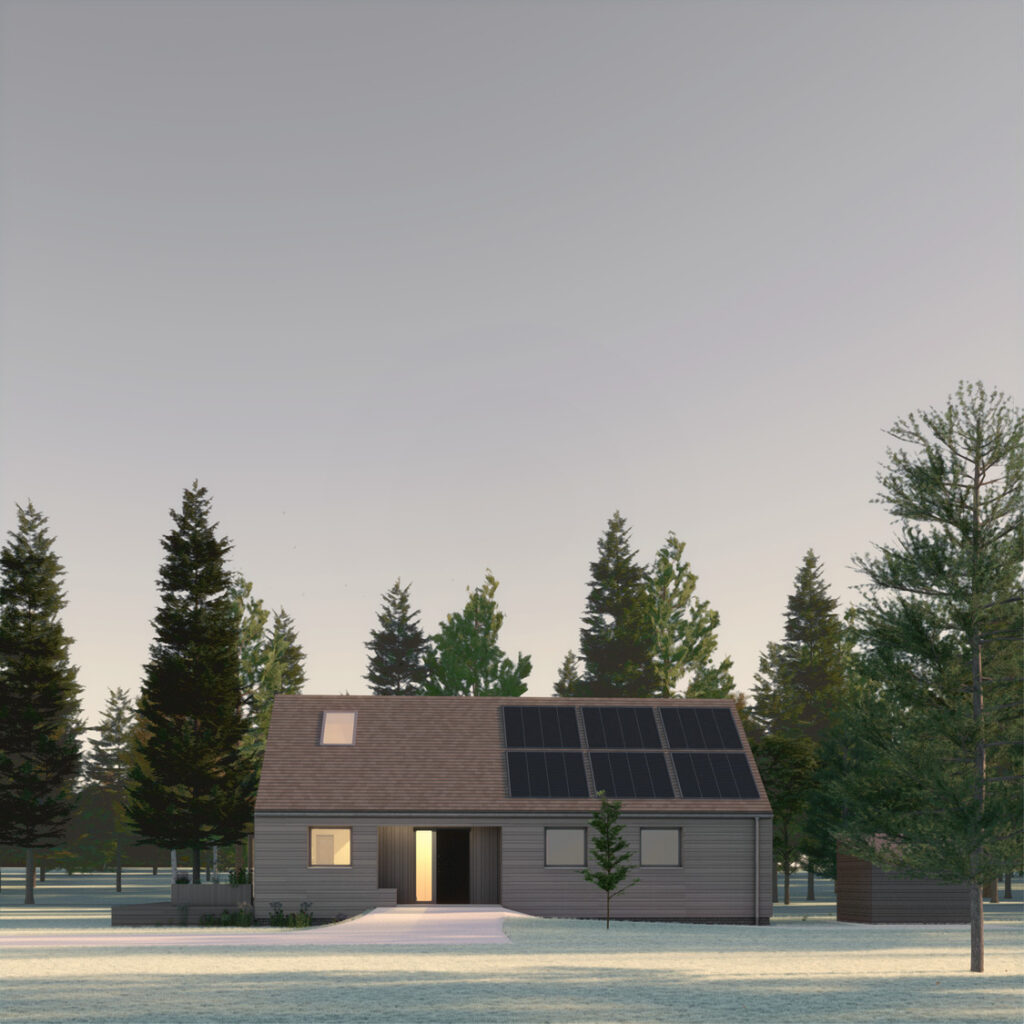Digital render of the ENVISION smart rural home designed by DHI and Architype, featuring solar panels on a timber-clad house surrounded by trees in a frost-covered rural Scottish landscape, illustrating the Digital Health Care Innovation Centre's blueprint for energy-efficient preventative health housing under the Moray Growth Deal