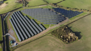 Aerial view of the 2.5MW solar farm at Aberystwyth University, delivered by Vital Energi and featured in a Hot Tin Roof PR agency press release on RE:FIT decarbonisation.