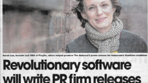 The National clipping: PingGo founder Sarah Lee beneath the headline "Revolutionary software will write PR firm releases" – Hot Tin Roof PR agency