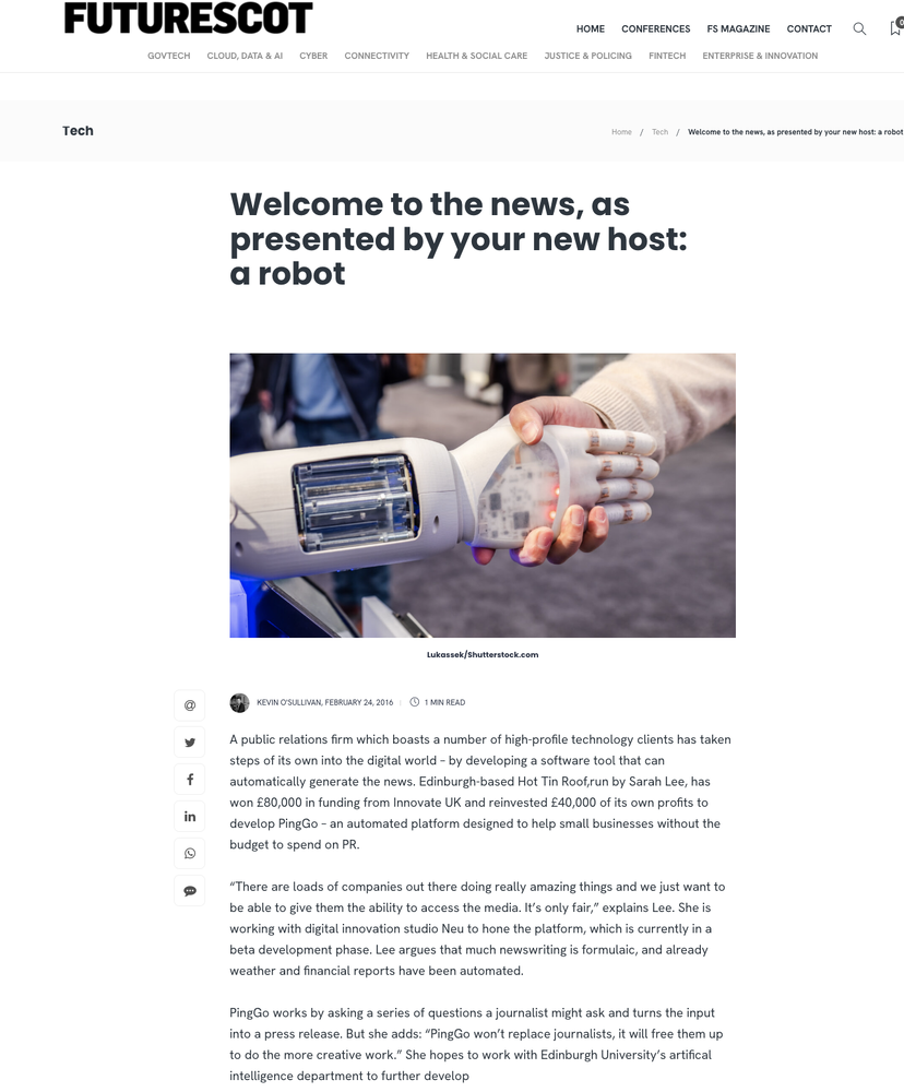 FutureScot article "Welcome to the news, as presented by your new host: a robot", showing a robotic hand shaking a human hand – Hot Tin Roof PR agency
